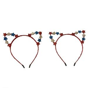 Red Blue Silver Glittery Tiny Stars White Wire Cat Ear July 4th Headbands 2Pc